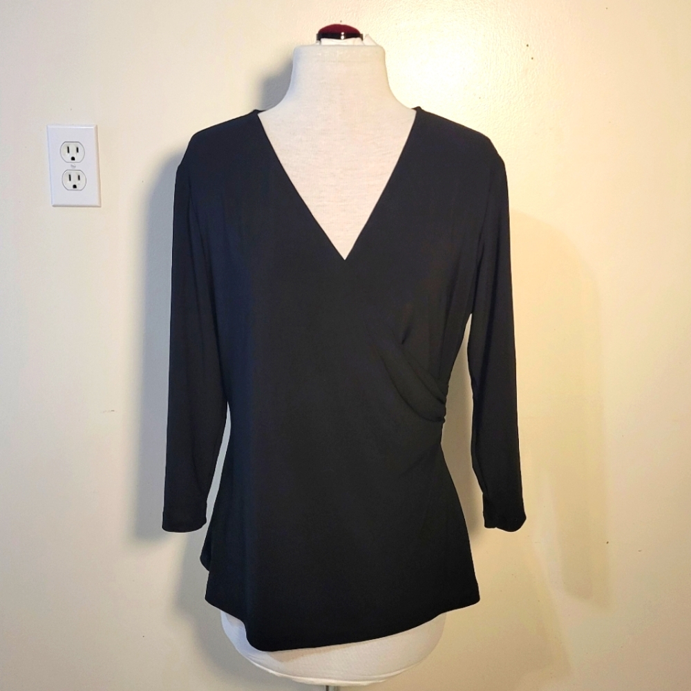 Design Collective (Women's M) Elegant Black Faux wrap V-Neck Long sleeve Top